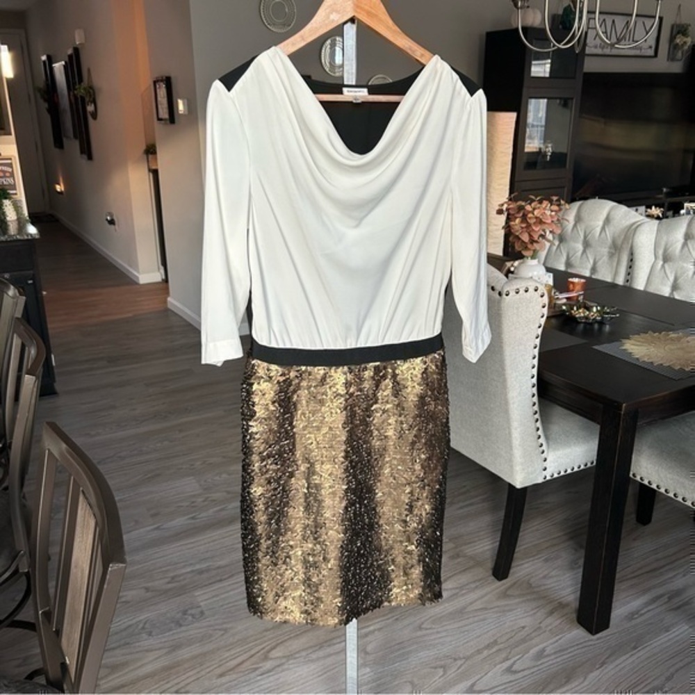 💋| DKNY | Gold/White Graffiti Cowl Neck 3/4-sleeve Mini Formal party Dress 👗 8